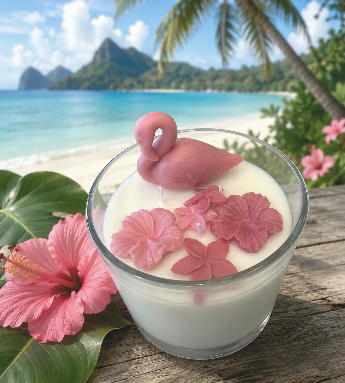 A flamingo-pink candle in soft afternoon light