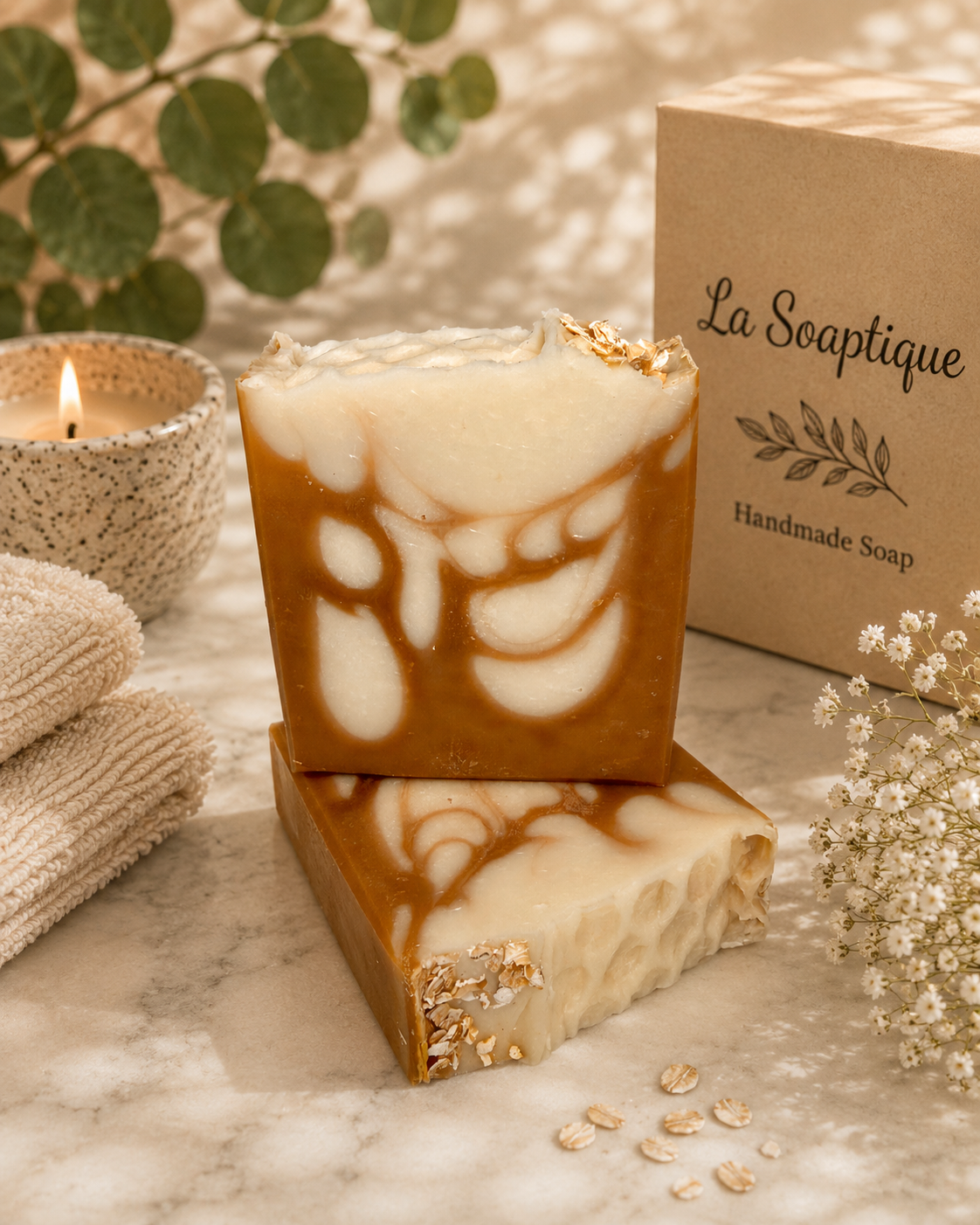 Oatmeal Milk & Honey handcrafted artisan soap. Made in small batches using natural oils and butters. Thoughtfully crafted by hand, each bar features unique swirls and patterns, making every soap one of a kind.