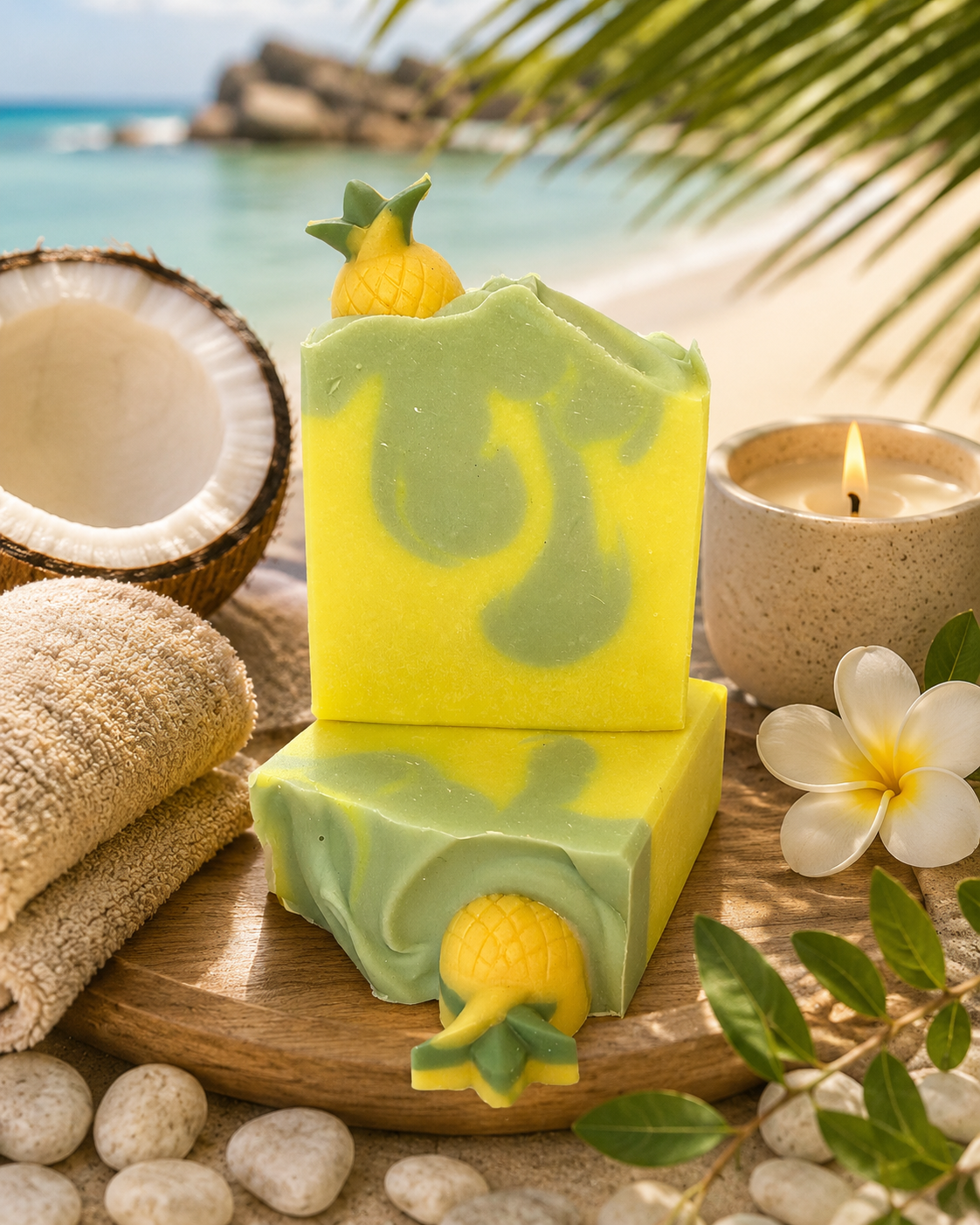 Pineapple & Mint handcrafted artisan soap. Made in small batches using natural oils and butters. Thoughtfully crafted by hand, each bar features unique swirls and patterns, making every soap one of a kind.