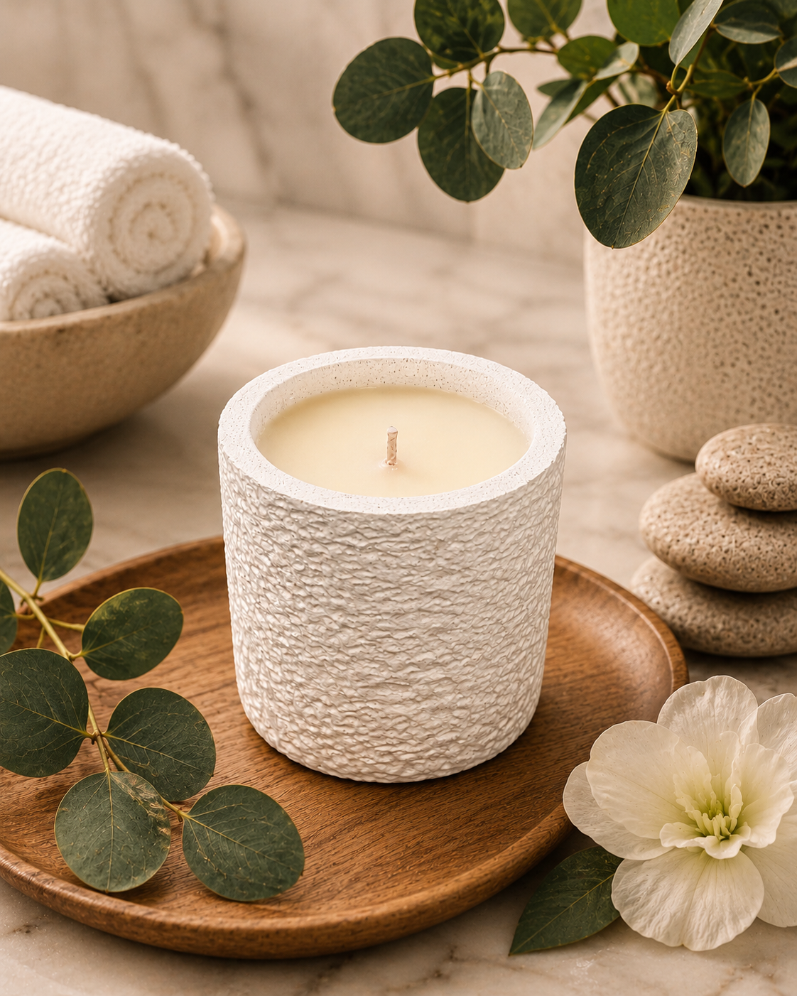 Hand poured coconut soy candle in handmade reusable cement vessel