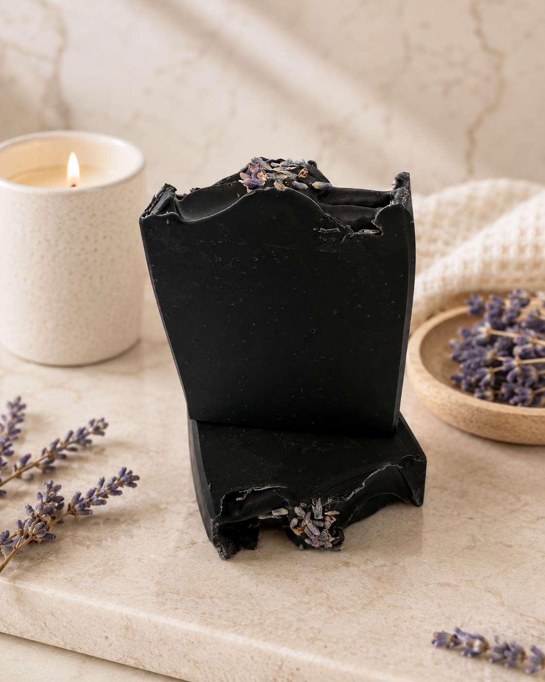 Lavender Activated Charcoal handcrafted artisan soap. Made in small batches using natural oils and butters. Thoughtfully crafted by hand.